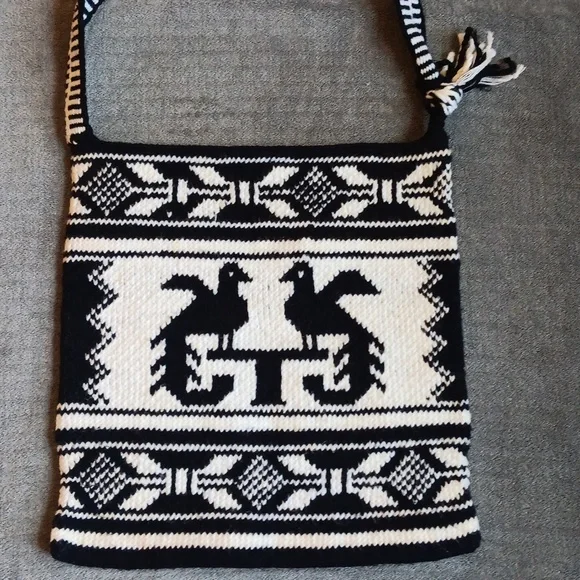 Woven Guatemalan Phoenix Crossbody Shoulder Bag, Black & White Boho - Picture 2 of 12